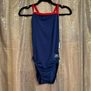 Speedo Navy Blue Red Endurance Thin Strap One Piece Sport Swim 6/32 Med NWT